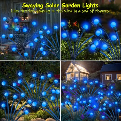 Kohlrabi Solar Garden Lights Outdoor, 6 Pack 48 LED Blue Firefly Lights Waterproof, Sway by Wind, Solar Wind Swaying Light for Yard Patio Backyard Garden Planter Flower Bed Pathway Decoration - color: Blue, size: 6 pack