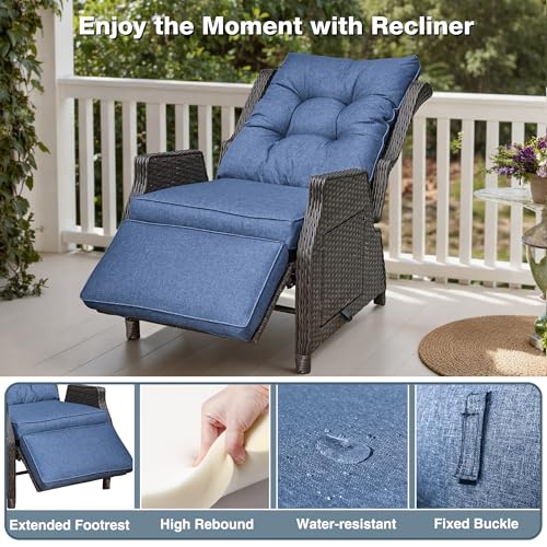 Outdoor Indoor Wicker Recliner with Adjustable Back and Footrest, Patio Reclining Chair with Flip-up Table, Outdoor Rattan Lounge Chair, Navy 2PCS - color: Navy, size: 2pcs