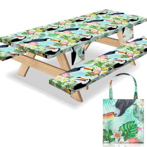 Fitted Waterproof Picnic Table Cover with Bench Covers Heavy Duty Elastic Outdoor Camping Tablecloth for 6 Foot Rectangle Tables Summer Rv Accessories Patio Garden Road Trip Essentials Gifts - color: Green Toucan, size: 72" x 30" (Rectangular)