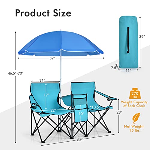 Double Camping Chair, 2-Person Portable Beach Chair w/Removable Umbrella, Cup Holders & Carrying Bag, Folding Loveseat Chairs for Adults Outdoor Picnic (Turquoise) - color: Turquoise
