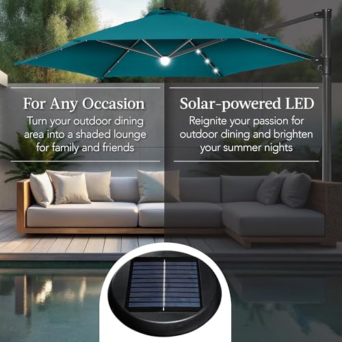 Best Choice Products 10ft Solar LED Offset Cantilever Hanging Market Patio Umbrella, Smooth 360° Rotation, 8 Sturdy Ribs, Easy Adjustment - Cerulean - color: Cerulean, size: Offset w/ 360° Rotation