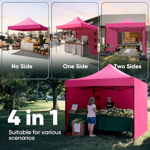 Quictent 10x10 Heavy Duty Pop up Canopy Tent with 3 Removable Sidewalls, Commercial Grade Instant Shelter with Wheeled Bag for Outdoor, Parties, Markets, 600D PU Coated UPF 50+ Sun Shield - color: Fuchsia, size: 10x10