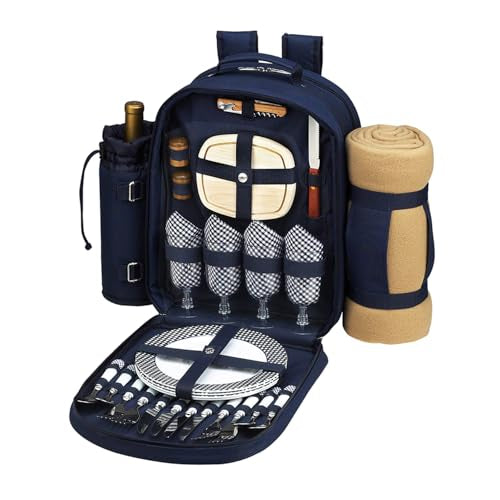 Bold Picnic Backpack with Blanket for 4 - color: Navy/White With Gingham