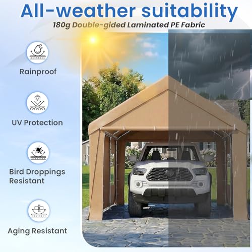 Bezseller 10x20 FT Heavy Duty Carport Canopy with Removable Sidewalls, Portable Garage Tent with Roll-Up Windows & Doors, Car Port with All-Season Tarp for Cars, Trucks, Boats, Yellow - color: Yellow, size: 10 X 20