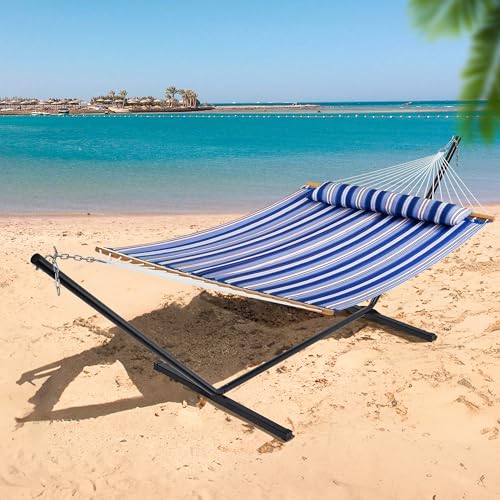 SUPERJARE Hammock with Stand, 2 Person Quilted Outdoor Hammock, Detachable Pillow & Bamboo Spreaders, Portable Hammock with Carrying Bag, Heavy Duty Stand, Perfect for Outside, Navy Blue Stripe - color: Navy Blue Stripe, size: 55.1"W × 74.8''D × 43.3''H