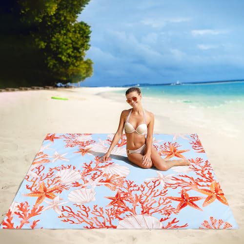 Beach Blanket Waterproof Sandproof, 9 Ft X 10 Ft Extra Large Sand Free Beach Mat, Big Compact Lightweight Quick Drying Picnic Blanket with 4 Stakes & Pockets for Camping, Travel, Hiking - color: Red Starfish, size: 9x10 FT (1～8 person)