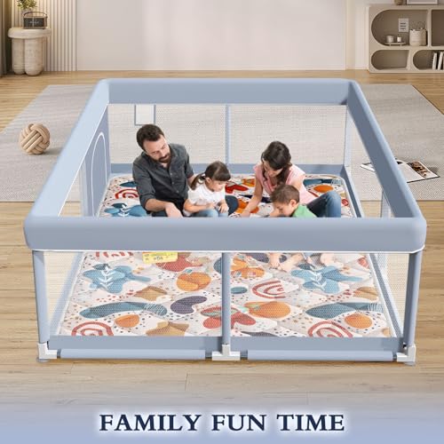 XVISHX 65 x 50 Inch Baby Playpen with Mat, Playpen for Babies and Toddlers, Baby Play Pen Playard for Indoor & Outdoor Active Center Game Fence, Skin-Friendly Fabric and Soft Breathable Mesh, Grey - size: 65 × 50 Inch + MAT