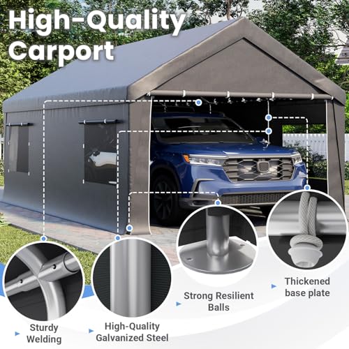 Bezseller 12x20 FT Heavy Duty Carport Canopy with Removable Sidewalls, Portable Garage Tent with Roll-Up Windows & Doors, Car Port with All-Season Tarp for Cars, Boats, Trucks, Motorcycles, Gray - color: Gray, size: 12 X 20