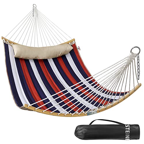Double Hammock, 11 FT Quilted Fabric 2 Person Hammock for Outside with Pillow, Folding Curved Spreader Bar, Chains, Carrying Bag, Indoor Outdoor, 450 IB Capacity, Trinidad Red - color: Trinidad Red