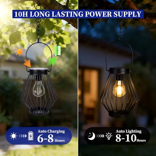 Solar Lanterns Outdoor Waterproof, 2 Pack Metal Decorative Hanging Lantern Lights with Warm White LED Bulb, Solar Powered Patio, Yard & Garden Decor, Ideal for Housewarming & Christmas Gifts