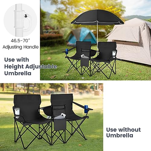 Double Camping Chair, 2-Person Portable Beach Chair w/Removable Umbrella, Cup Holders & Carrying Bag, Folding Loveseat Chairs for Adults Outdoor Picnic (Black) - color: Black