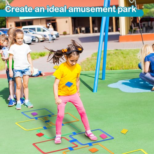 RoundFunny 2 Sets of 2 in 1 Hopscotch and Beanbag Toss Kit Include Hopscotch Ring Game Set and Squares Set 8 Pcs Beanbags for Indoor Game Outdoor Agility Portable Summer Conditioning Agility Training