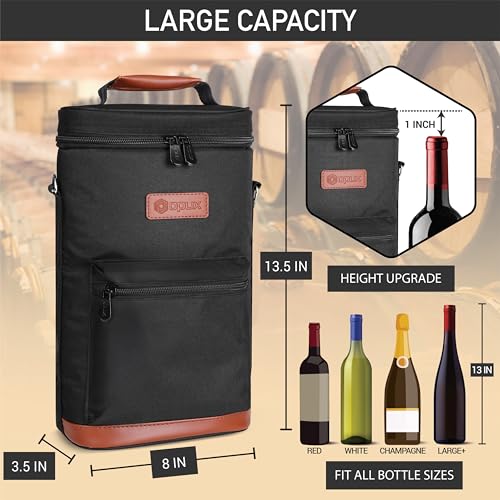 opux Wine Bag 2 Bottle Wine Tote Carrier, Insulated Wine Cooler Bag for Travel Picnic, Leakproof Portable Bottle Padded Case, Wine Gifts For Women Men Wine Lovers Christmas, Black - color: Solid Black