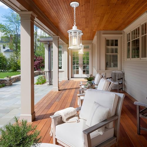 Darkaway Outdoor Pendant Lights for Porch, Outdoor Chandelier Hanging Porch Lights Ceiling Mount Aluminum with Seeded Glass for Front Porch Gazebo Patio (Medium, White) - color: White, size: Medium Size