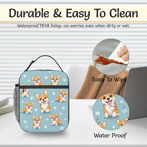 Cute Corgi Dog Reusable Lunch Bag,Blue Paw Prints Insulated Lunch Box with Side Pockets for Girls Boys Women Portable Thermal Cooler Bag for Teens School,Work,Picnic,Beach - color: Cute Corgi Dog