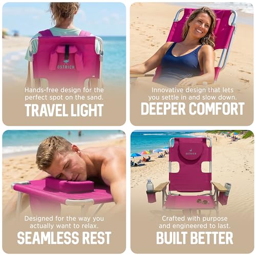 Ostrich the Woody Backpack 3N1 Portable Chair with Cooler Bag and Reclining Lounger for Tanning, Camping, Beach, and Outdoor Essential, Pink - color: Pink, style: Backpack 3N1 Wood Arms