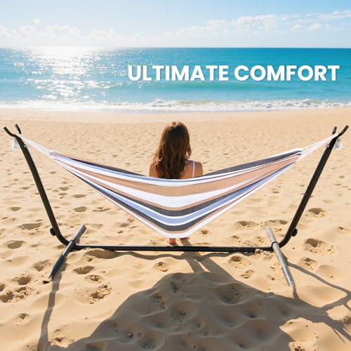 Sweetcrispy Double Hammock with Space Saving Steel Stand Heavy Duty 2 Person Standing Hammocks 450lb Capacity for Outside Garden Yard with Portable Carrying Bag