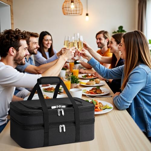 Insulated Double Casserole Carrier - Portable Casserole Carriers for Hot or Cold Food Lunch Tote Warmer or Cooler Bag for Potluck Parties Picnic Cookouts, Fits 9" x 13" Baking Dish -Black - color: Black