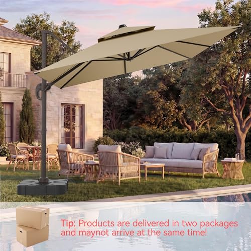 10x13 FT Patio Umbrella with Base, Large Cantilever Rectangular Double Top Heavy Duty Offset Umbrellas with 360° Rotation, Outdoor shade for Garden Deck Pool Patio, Beige - color: Beige, size: 10x13 FT with Base