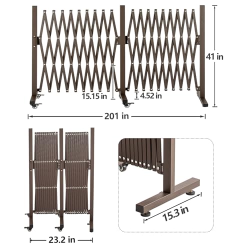 TECSPACE Aluminum Expandable Garden Fence, Portable Barricade Gate with Casters, Adjustable Retractable Fence Mobile Barricade Safety Barrier (Brown, 201×15×41 inch) - color: Brown, size: 201×15.2×40.6 Inch