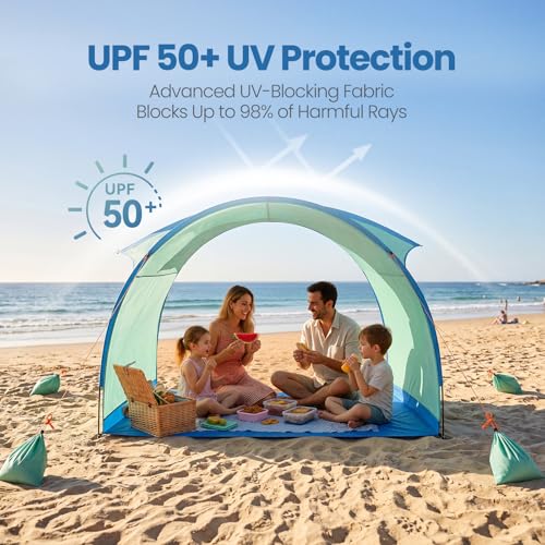 Beach Shelter, Wind-Powered Beach Tent Sun Shelter with UPF50+ UV Protection, Lightweight & Portable Easy Setup Beach Canopy Sun Shade Tent for Family Outdoor Beach Camping & Picnic - color: Ocean Blue & Fresh Green