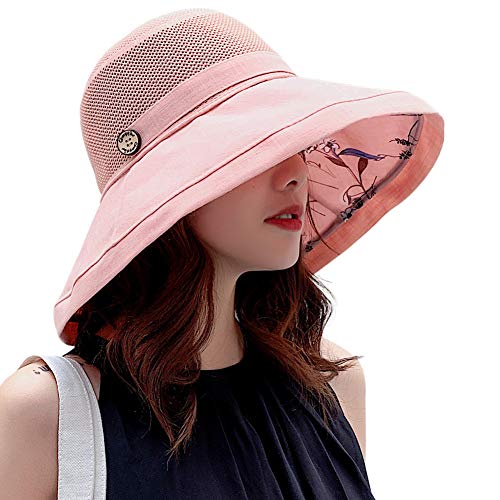 Women Mesh Sun Hats Summer Beach UV Protection UPF Packable Wide Brim Chin Strap - color: Pink