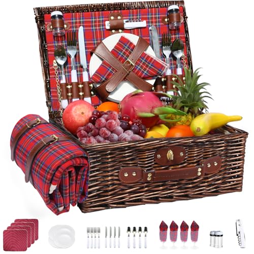 Neti Neti Wicker Picnic Basket for 4 with Insulated Cooler & Waterproof Blanket – Large Willow Picnic Hamper for Outdoor, Camping, Beach, Romantic Dates, Valentine’s Day - color: Red & Blue Checkered