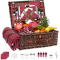 Neti Neti Wicker Picnic Basket for 4 with Insulated Cooler & Waterproof Blanket – Large Willow Picnic Hamper for Outdoor, Camping, Beach, Romantic Dates, Valentine’s Day - color: Red & Blue Checkered