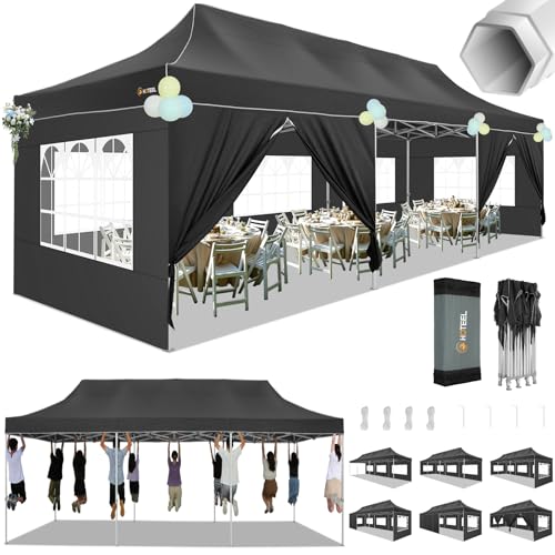HOTEEL Tents for Parties 10x30 Pop Up Canopy Tent Heavy Duty with 8 Sidewalls, Commercial Party Tent Event Wedding Instant Canopy Waterproof with Carry Bag, UV 50+, Thicked Hexagonal Legs, Black - color: Black, size: 10x30FT (+8 Walls)