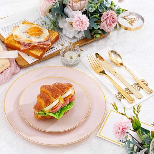 Supernal 350pcs Pink Plastic Plates,Plates Disposable Heavy Duty,Pink Disposable Plastic Dinnerware Set Include 50 Dinner Plate,50 Dessert Plate,50 Gold Cutlery,50 Cups&50 Napkins for Party&Wedding - color: 350pcs Pink and Gold Plastic Dinnerware Set
