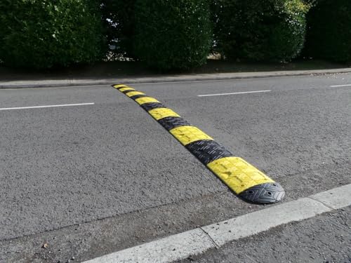 Pittman 24 ft XPT Eco Speed Bump Kit with Cable Channels, Heavy Duty Plastic-Rubber Reflective Black/Yellow Modular Traffic Hump for Asphalt, Concrete, Includes Mounting Hardware - 60 Bolts (755678) - size: 24'