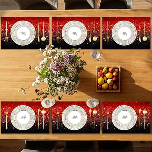 Placemats12x18 Inch,Red Black Gradienr Placemats,Glitter Kitchen Dining Coffee Table Mats Set of 6 for Home Indoor Outdoor Party - color: Red Black Gradienr,glitter