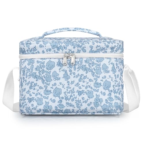 TESAFNG Insulated Lunch Bag for Women, Cute Corduroy Reusable Lunch Box for Adult, Leakproof Cooler Bag for Work Office Travel Picnic, Lunch Tote Bag with Adjustable Shoulder Strap (Blue Flower) - color: Blue Flower
