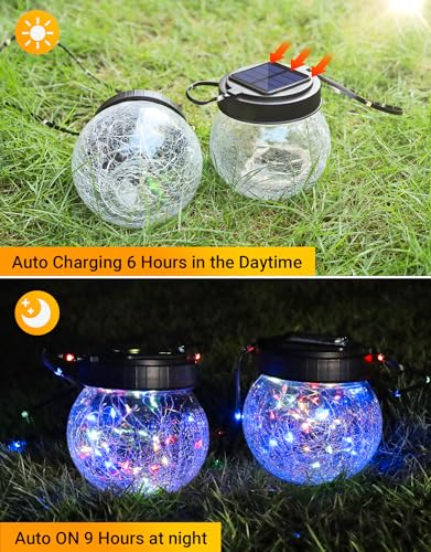 PARTPHONER Solar Lantern Solar Lights Outdoor Waterproof 6-Pack, Solar Powered Hanging Lights Cracked Glass Hanging Globes for Christmas Decoration, Shepherd Hook, Garden Tree Ornaments, Multi-Color - color: Black Cap RGB Light, size: 6 Pack