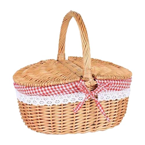 Picnic Basket，Handwoven Wicker Picnic Basket with Lid, Storage Hamper with Handle, Rattan Serving Basket for Outdoor, Beach, Camping