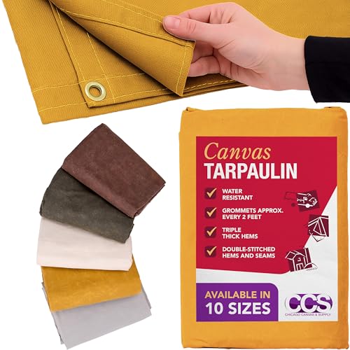CCS Waterproof Canvas Tarp Cover – Heavy Duty Duck Cloth, Waxed Canvas Tarpaulin with Rustproof Brass Grommets for Camping, Construction, Equipment & Outdoor Use (Gold, 6x8 Ft) - color: Gold, size: 6 by 8 Feet