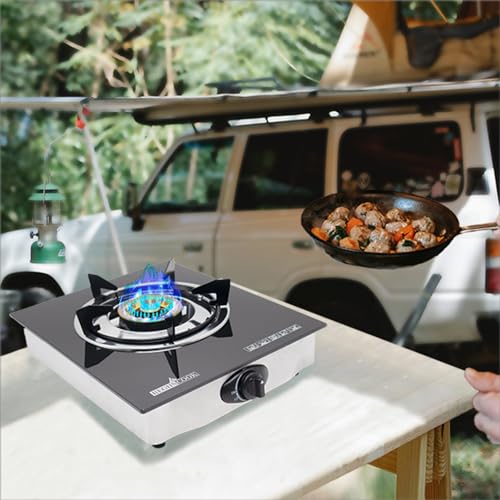 1 Burner Propane Gas Cooktop,Camping Portable LPG Gas Stove, Auto Ignition Tempered Glass Countertop Regulator and Burner Grate - color: Glass