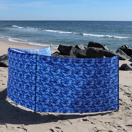Ocean Camo Elite Beach Recycled Polyester Rip-Stop Extra Tall 42" Lightweight Windscreen, Privacy Screen, Wind Blocker, Free Matching Shoulder Bag (NEW Mahogany Wood Poles)