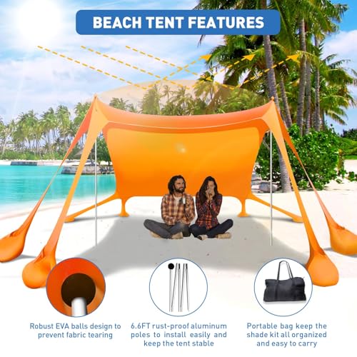 Beach Tent Sun Shelter 10x10ft Beach Canopy Easy Pop Up Sun Shade Portable UPF50+ with 8 Sandbags-2 Sand Shovel-4 Aluminum Poles-Ground Pegs for Outdoor Family Camping Fishing Backyard Picnic - color: Orange, size: 10x10 FT 4 Pole