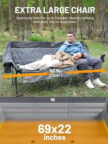 Timber Ridge 3 Person Camping Chair Supports to 1050lbs, Portable Camp Couch Padded Camping Chairs, Outdoor Oversized Folding Loveseat Perfect for Campsites, Patio/Lawn, Soccer Games, Grey - color: 3 Person Grey