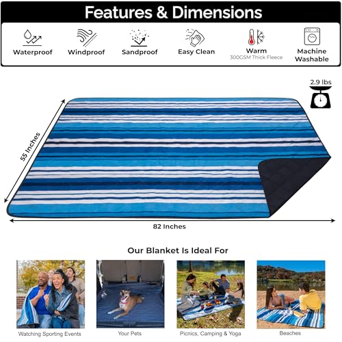 BRAWNTIDE Large Outdoor Waterproof Blanket - Extra Thick Fleece, Warm, Windproof, Sandproof, Quilted, 82" x 55", Ideal for Beaches, Picnics, Camping, Stadiums, Dogs, Car - color: Azure Blue