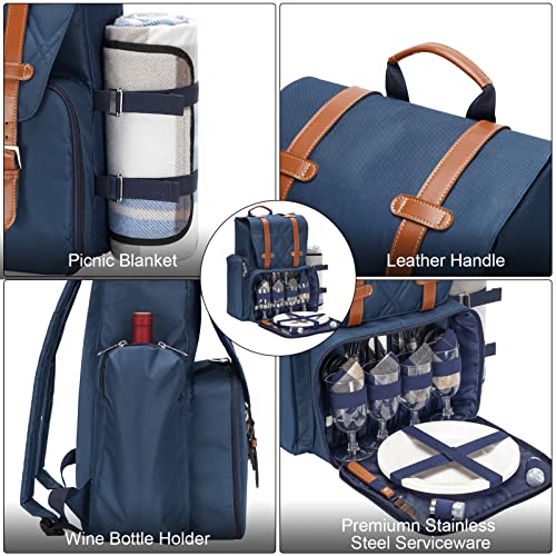 Picnic Backpack for 4 Person with Large Insulated Cooler Bag, Picnic Basket Set with Wine Pouch, Waterproof Picnic Blanket & Cutlery Set. Perfect for, Camping, Party