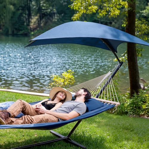 SUNCREAT Hammocks for Outside with Stand, Sunshade, Porch Hammock and Stand, 475 lbs Capacity, Patent Pending, Navy - color: Navy