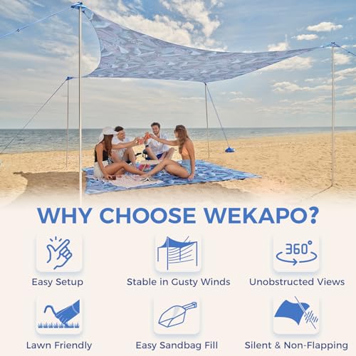 WEKAPO Beach Tent Sun Shelter - Easy Setup Beach Canopy with 4 Sturdy Poles, Large Sandbags and Shovel, 6'7'' Tall, Windproof Sun Shade for Backyard and Camping, UPF 50+ Protectio - color: Sapphire Twilight Leaf, size: 8x8 FT 4 Pole