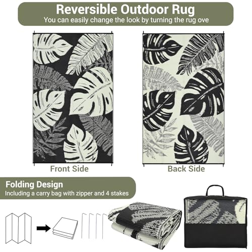 COZYLOOM Outdoor Rug 9' x 12' Waterproof for Patios Clearance, Reversible Plastic Straw Camping Carpet, Modern Leaf Large Area Rugs Mats RV, Picnic, Backyard, Deck, Balcony, Porch, Beach, Black Beige - color: Leaf Black/Beige, size: 9'x12'
