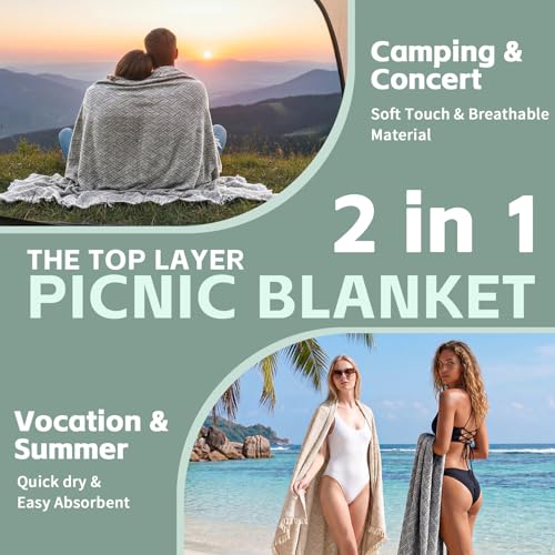 2 in 1 Extra Large Boho Beach Blanket Towel Picnic Camp Mat Family Beach Trip Essentials Summer Vacation Must Have Travel Accessories Lake Day Necessities Stuff Thing Need Gear Gift Item Gadget 2026 - color: Grey, size: 70''*70''