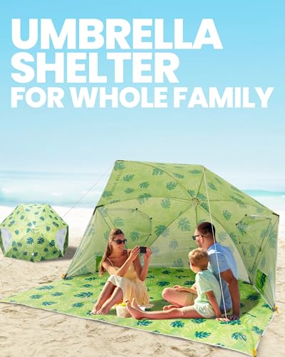 OutdoorMaster Pop Up Beach Umbrella, Portable Beach Tent Shelter, Beach Shade Sun Canopy with UPF 50+ UV Protection, Extendable Floor with Carrying Bag - color: Yellow Leaf-a