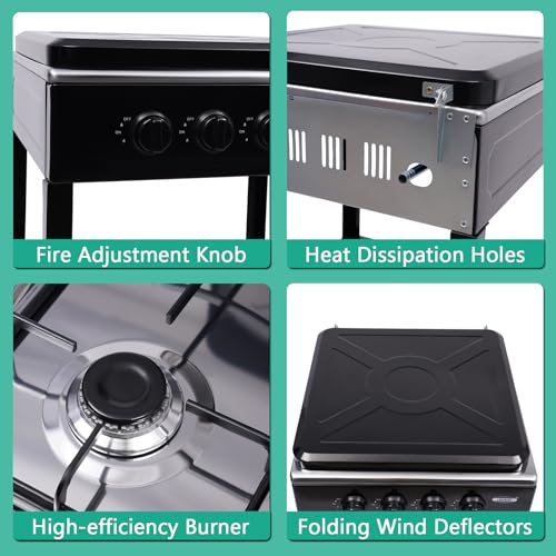 4 Burner Gas Stove Portable Outdoor Stove with Removable Storage Stand, Heavy Duty Stainless Steel Propane Gas Cooker with Wind Blocking Cover for Camping Picnic Home RV Cooking (no hose)