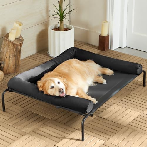 Cooling Elevated Dog Bed for Large Dogs – Waterproof Raised Dog Cot with Slope Headrest, Breathable Teslin Mesh, Durable & Portable Pet Bed for Indoor and Outdoor Use, Black - color: Black, size: 43.0"L x 31.0"W x 8.0"Th