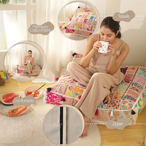 THE ART BOX Cotton Patchwork Vintage Boho Embroidered Floor Pillows & Cushion Cover Dog Pouf Seating Pouf Meditation Pillow Pet Bedding Cat Bed Boho Home Décor (35x35 Inches, Cover Only) - color: White